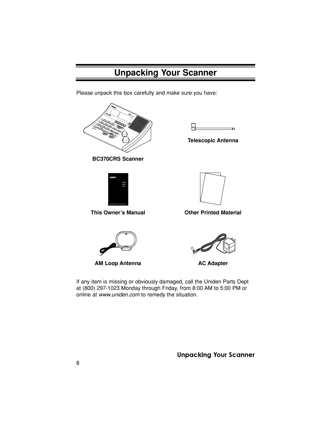 Uniden BC370CRS owner manual Unpacking Your Scanner 