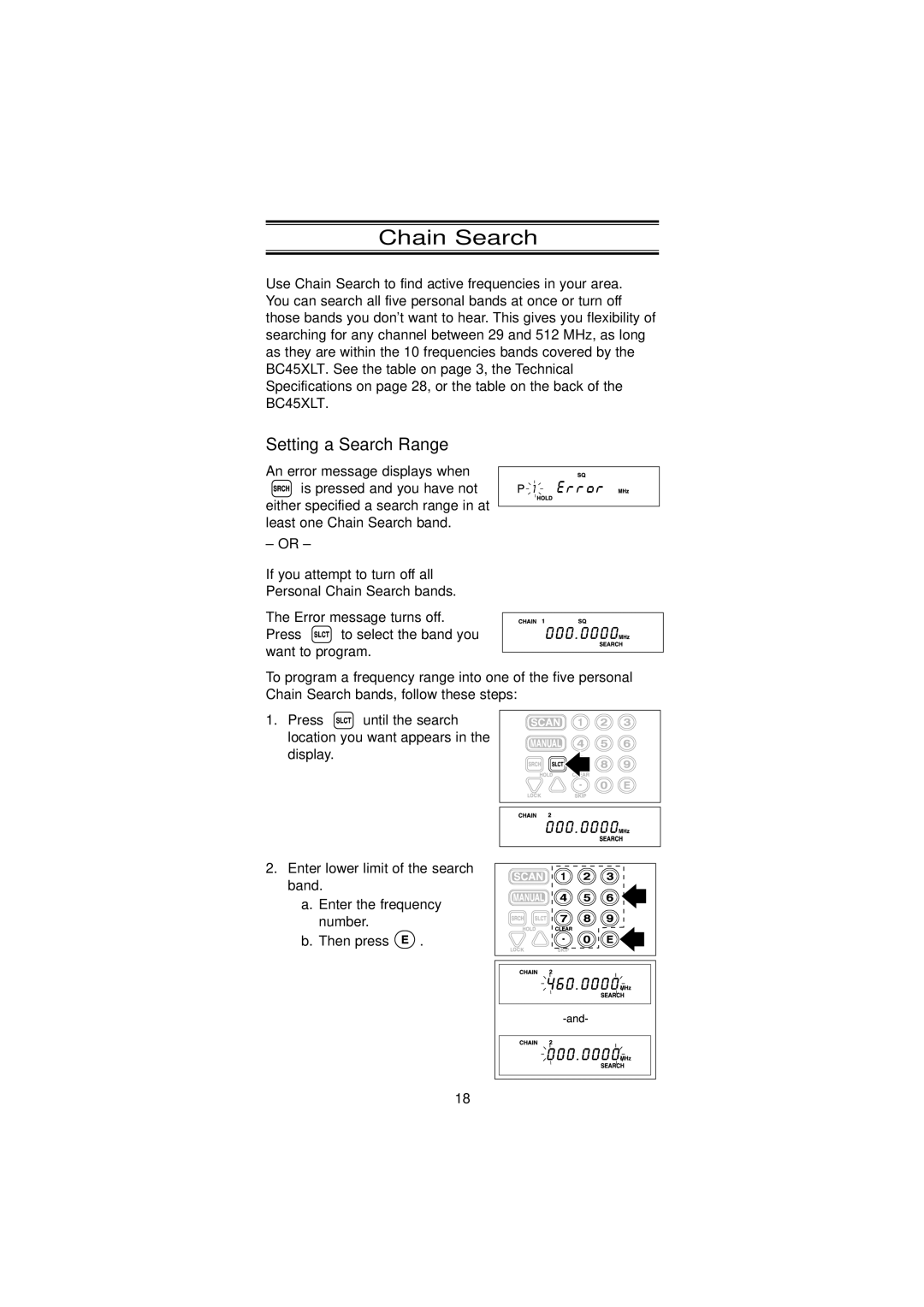 Uniden BC45XLT manual Chain Search, Setting a Search Range 