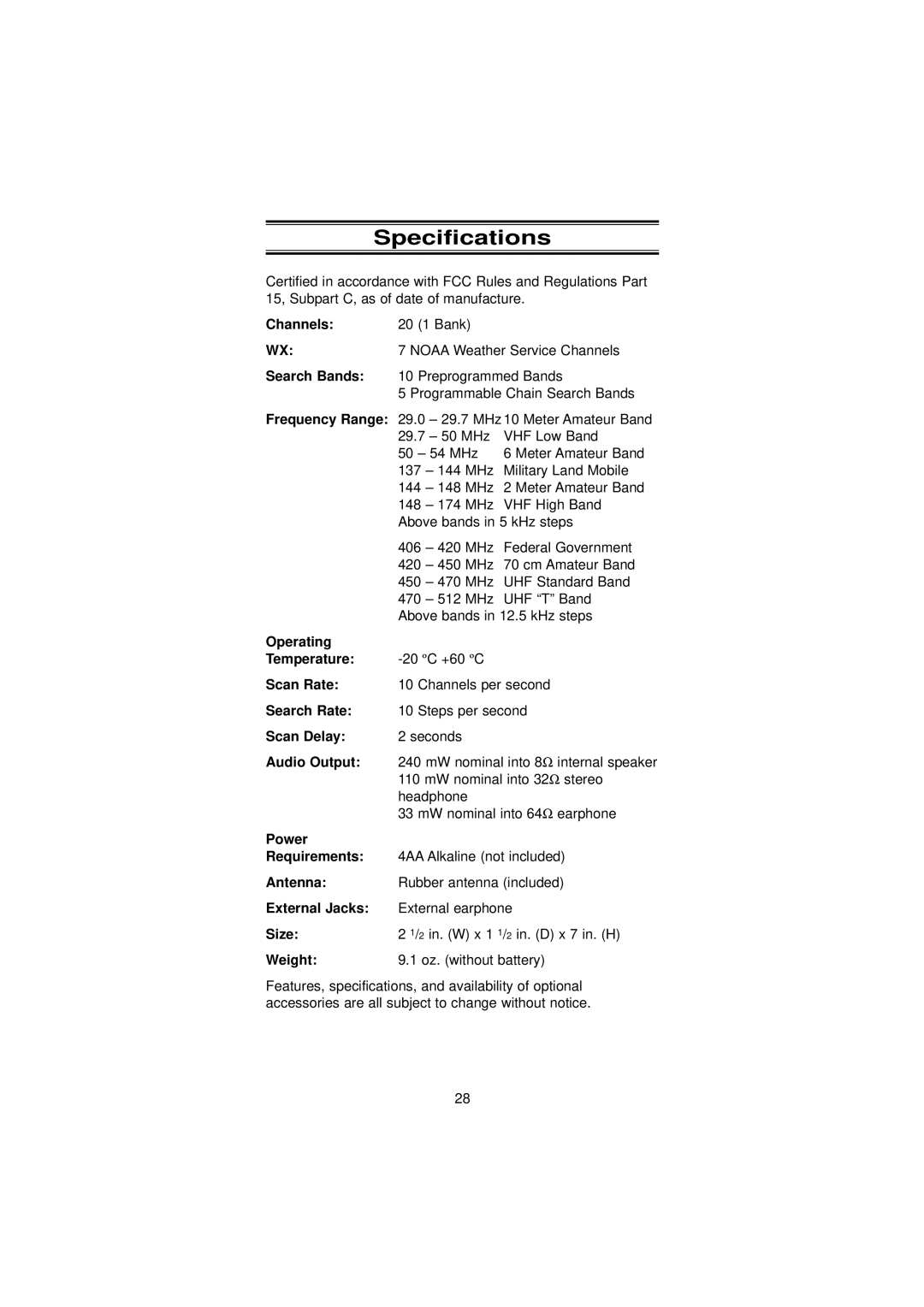 Uniden BC45XLT manual Specifications, Frequency Range 