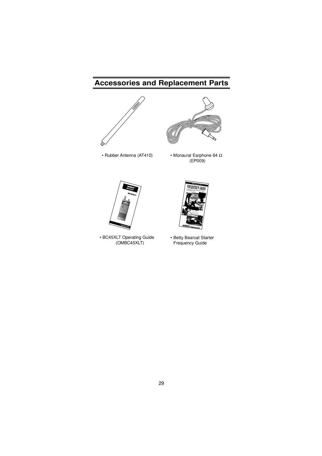 Uniden BC45XLT manual Accessories and Replacement Parts 