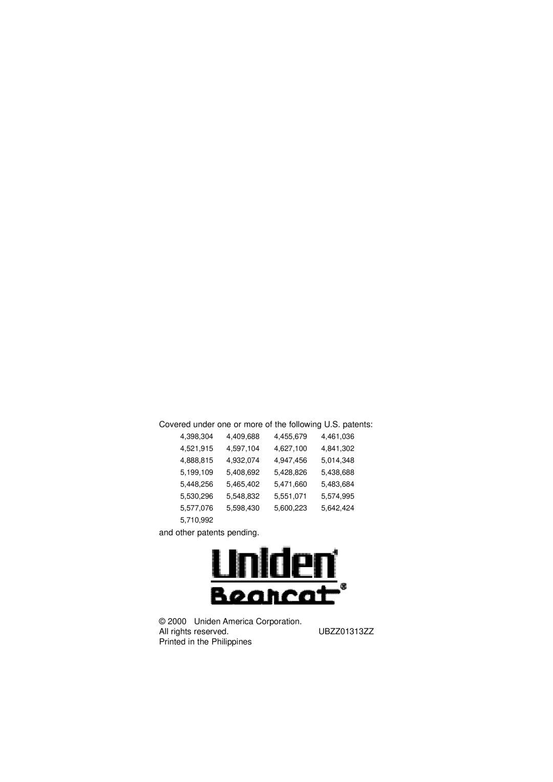 Uniden BC45XLT manual Other patents pending Uniden America Corporation 