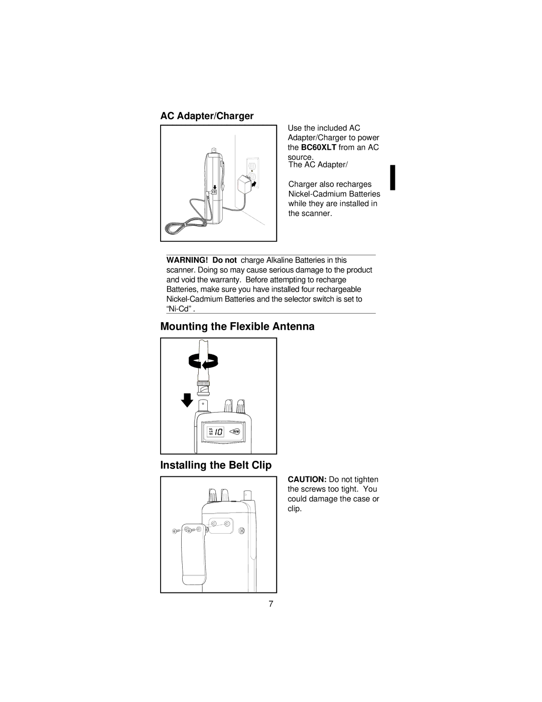 Uniden BC60XLT manual Mounting the Flexible Antenna Installing the Belt Clip, AC Adapter/Charger 