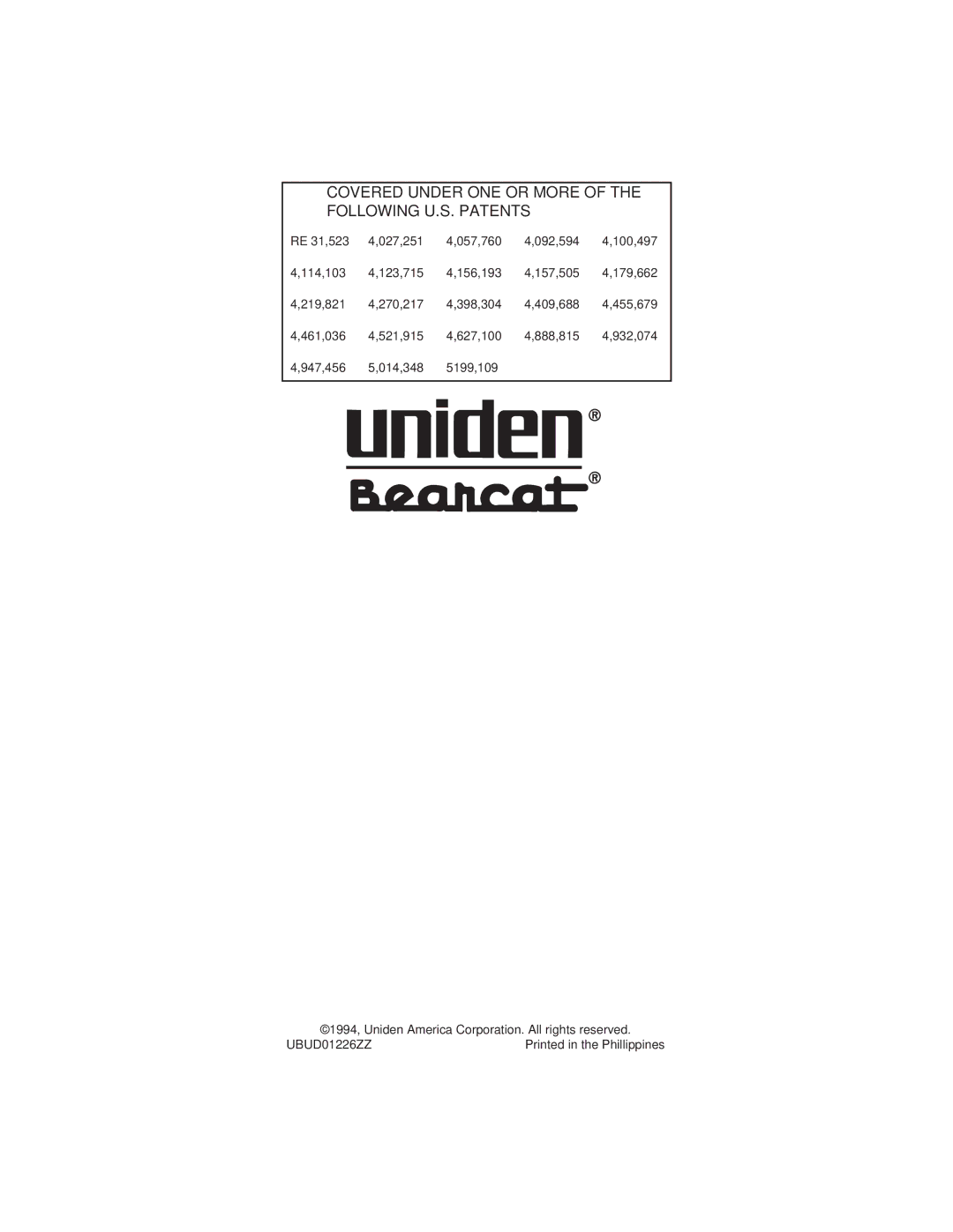 Uniden BC60XLT manual Covered Under ONE or More of the Following U.S. Patents 