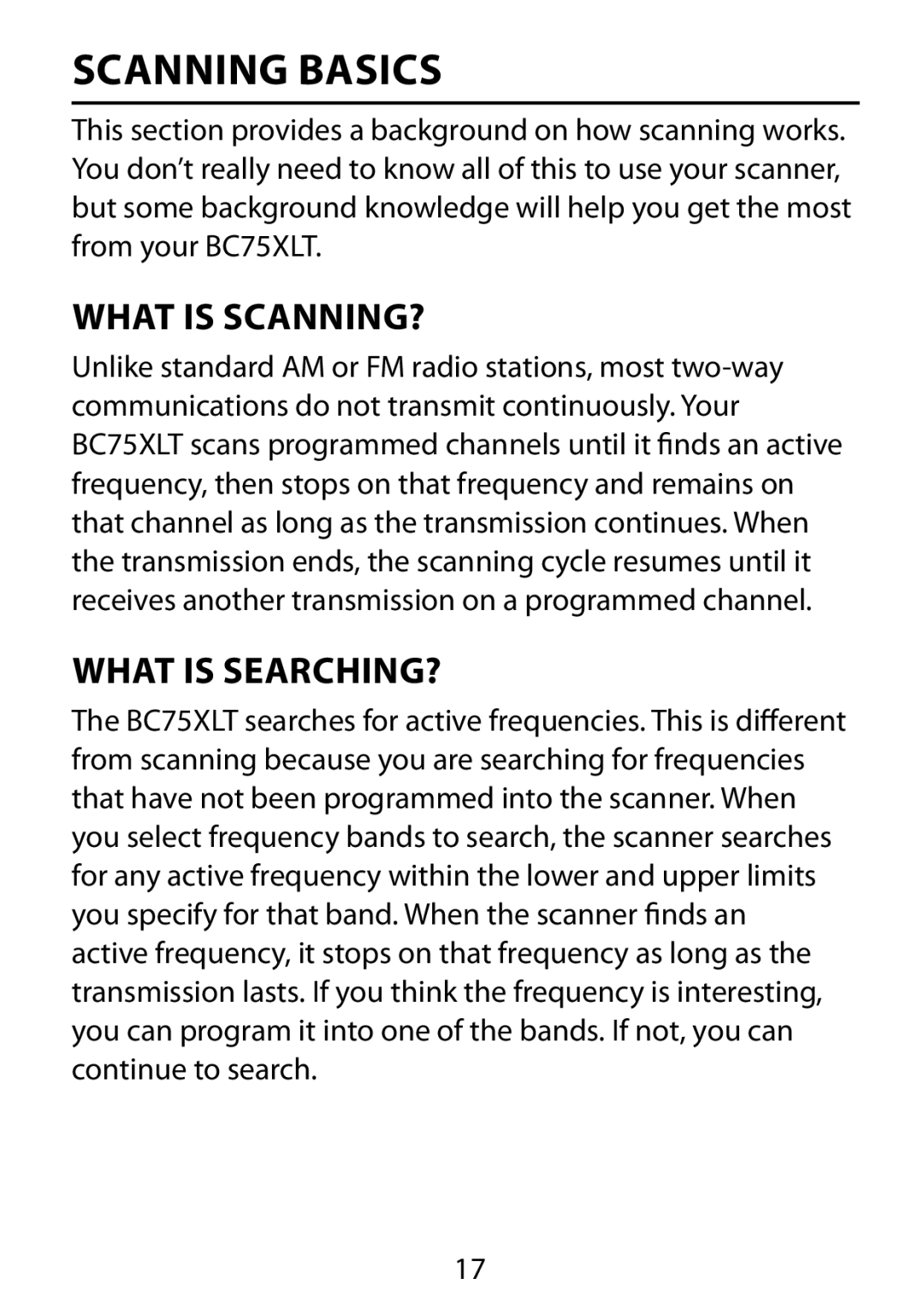 Uniden BC75XLT owner manual Scanning basics, What is Scanning?, What is Searching? 