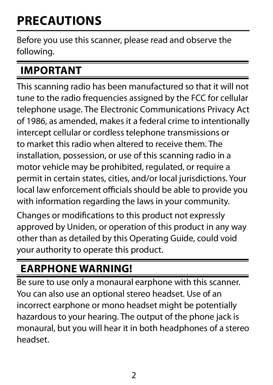 Uniden BC75XLT owner manual Precautions 