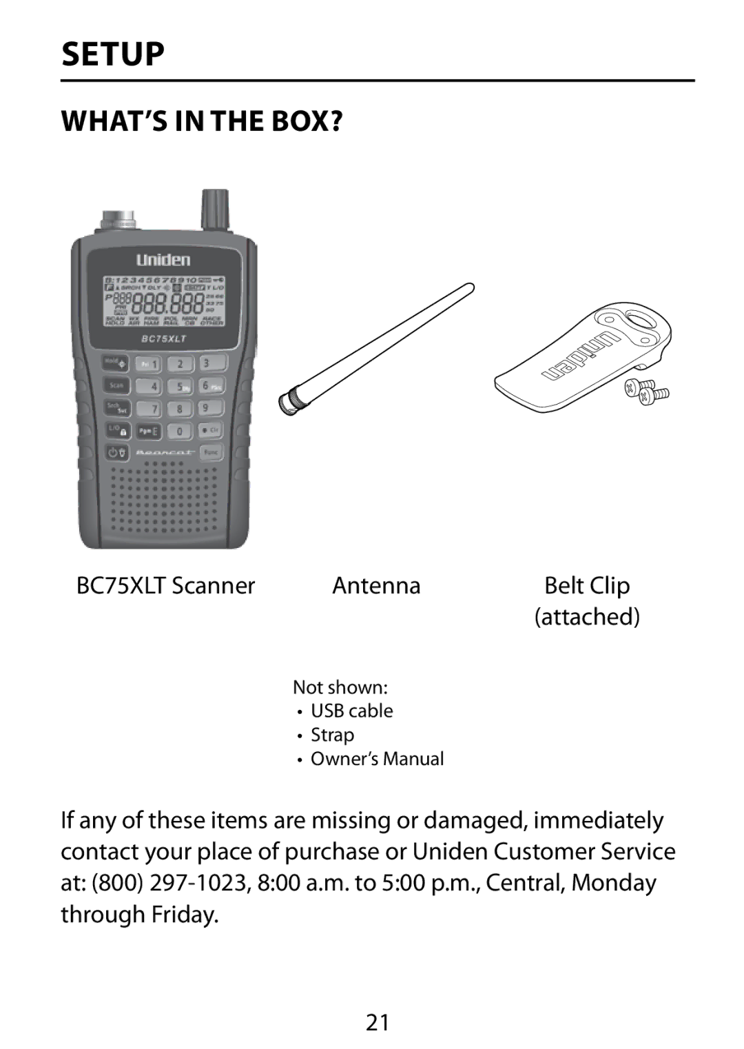 Uniden BC75XLT owner manual Setup, What’s In The Box? 