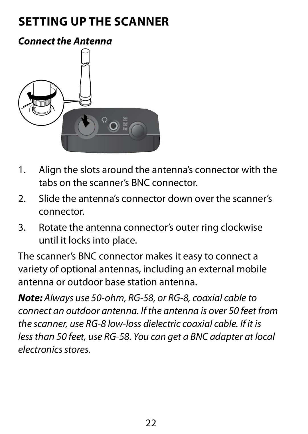 Uniden BC75XLT owner manual Setting Up the Scanner, Connect the Antenna 