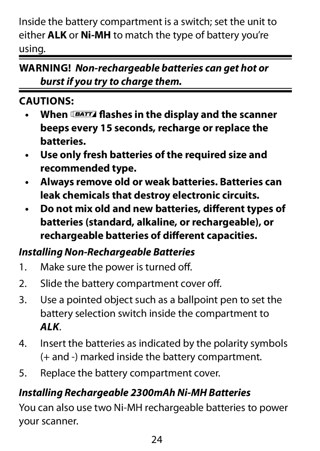 Uniden BC75XLT owner manual Installing Non-Rechargeable Batteries, Installing Rechargeable 2300mAh Ni-MH Batteries 