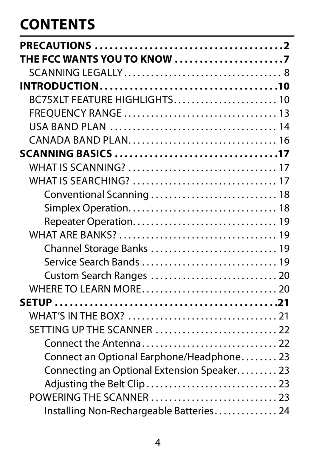 Uniden BC75XLT owner manual Contents 