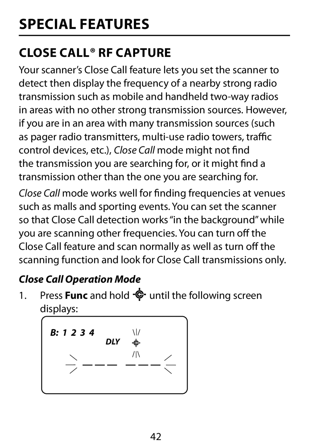 Uniden BC75XLT owner manual Close Call RF Capture, Close Call Operation Mode 