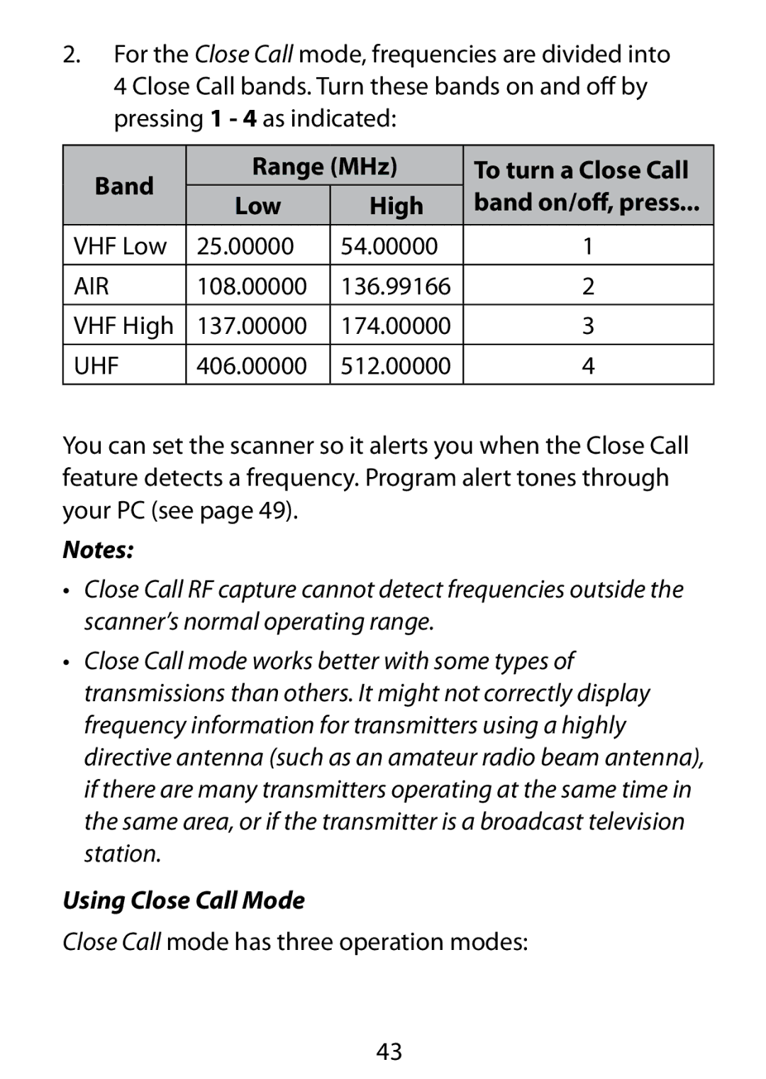 Uniden BC75XLT owner manual Band Range MHz To turn a Close Call Low High, Using Close Call Mode 