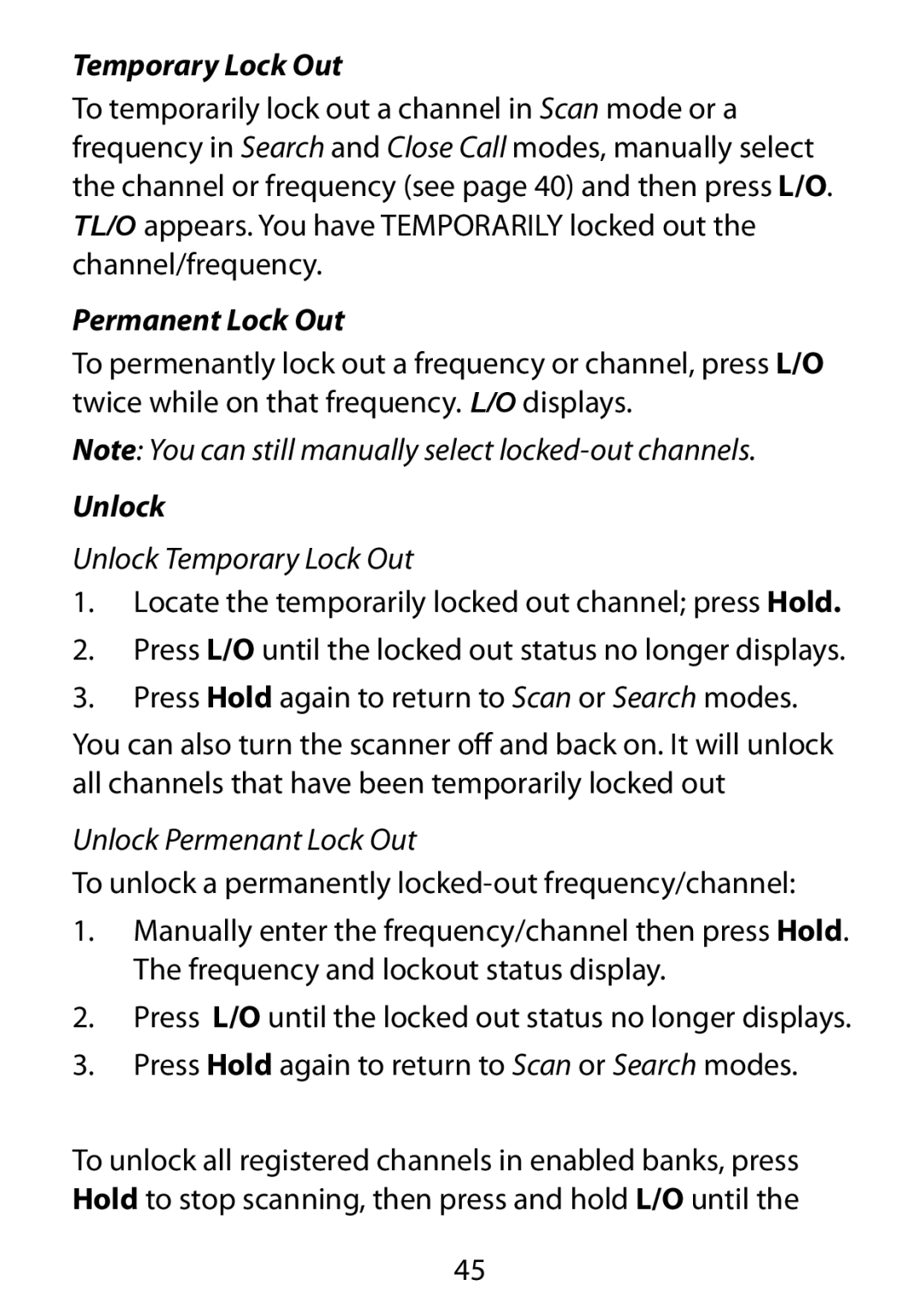 Uniden BC75XLT owner manual Temporary Lock Out, Permanent Lock Out, Unlock 