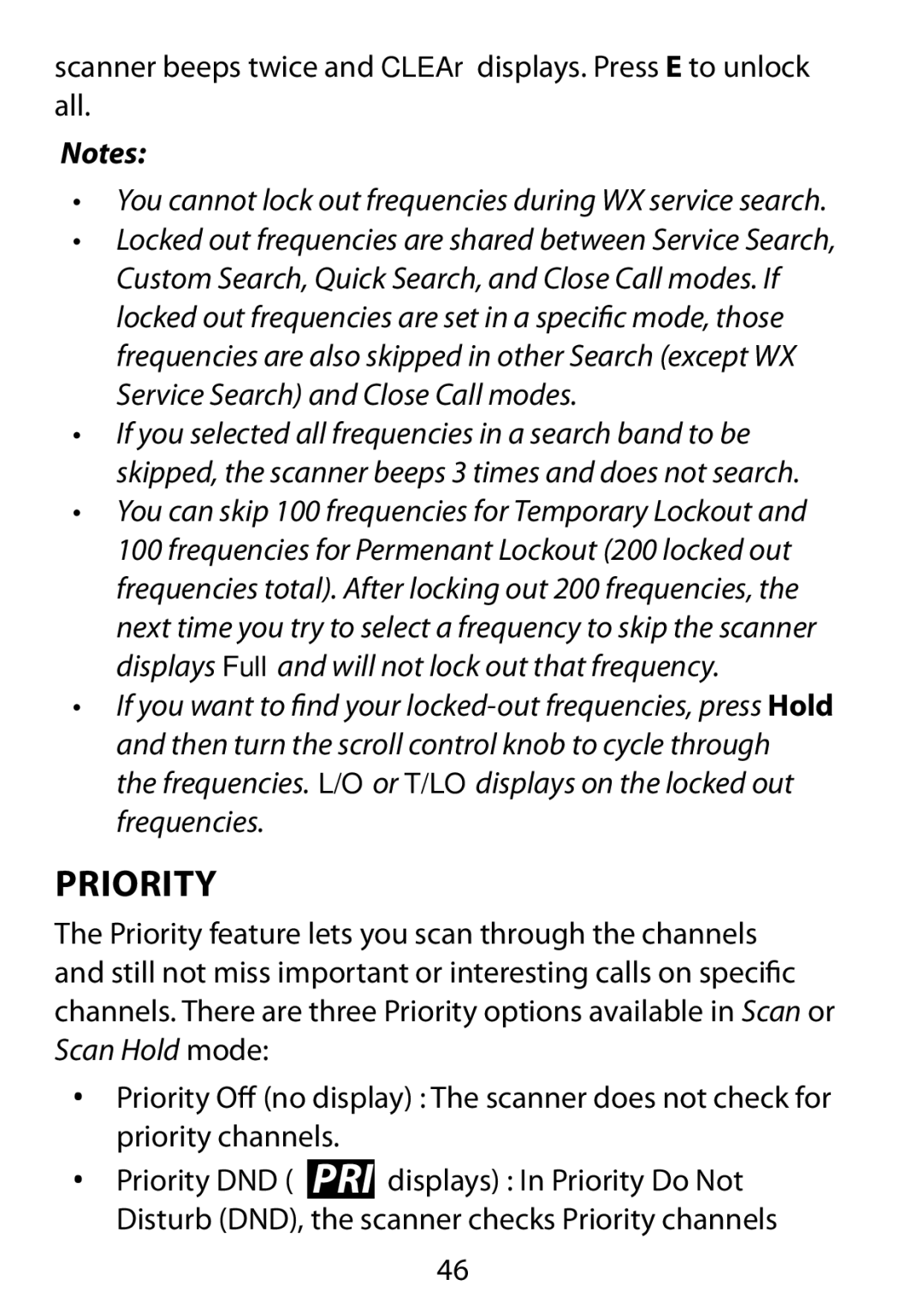 Uniden BC75XLT owner manual Priority, You cannot lock out frequencies during WX service search 