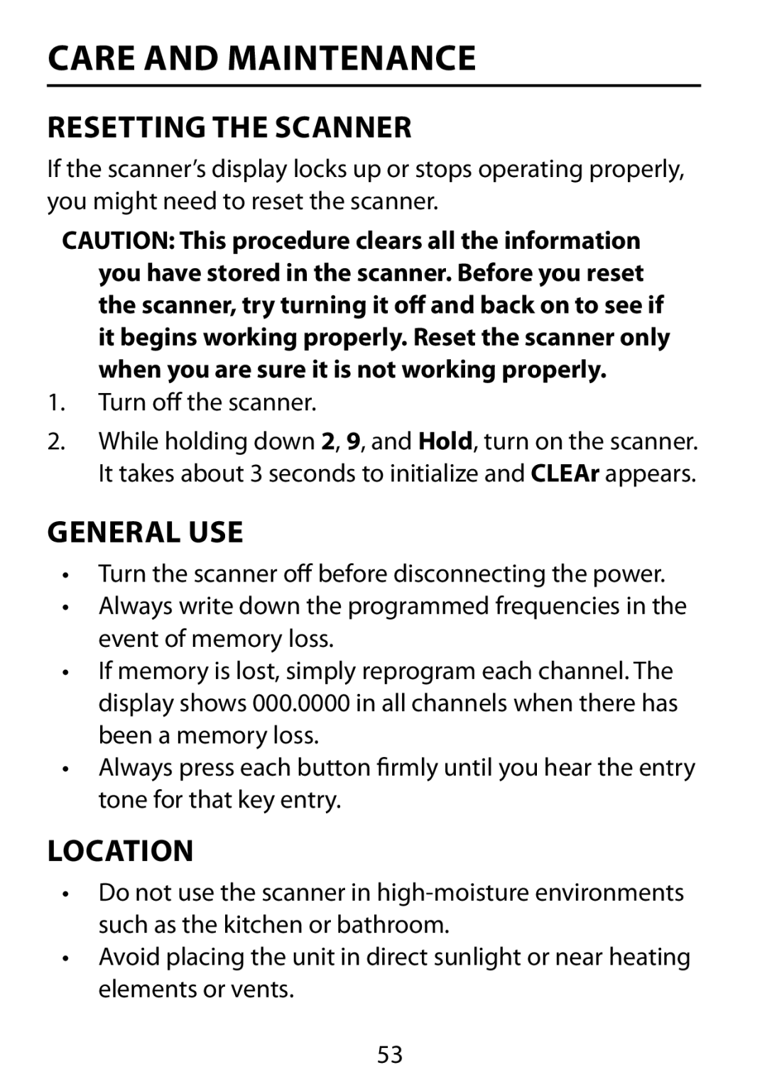 Uniden BC75XLT owner manual Care and Maintenance, Resetting the Scanner, General Use, Location 