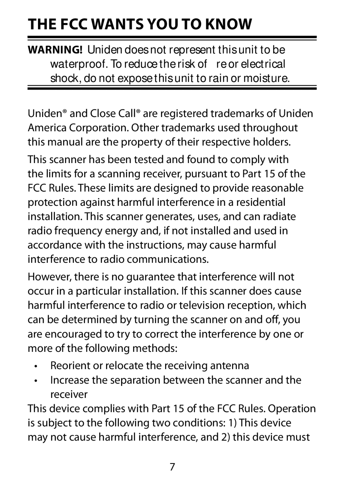 Uniden BC75XLT owner manual FCC Wants You to Know 