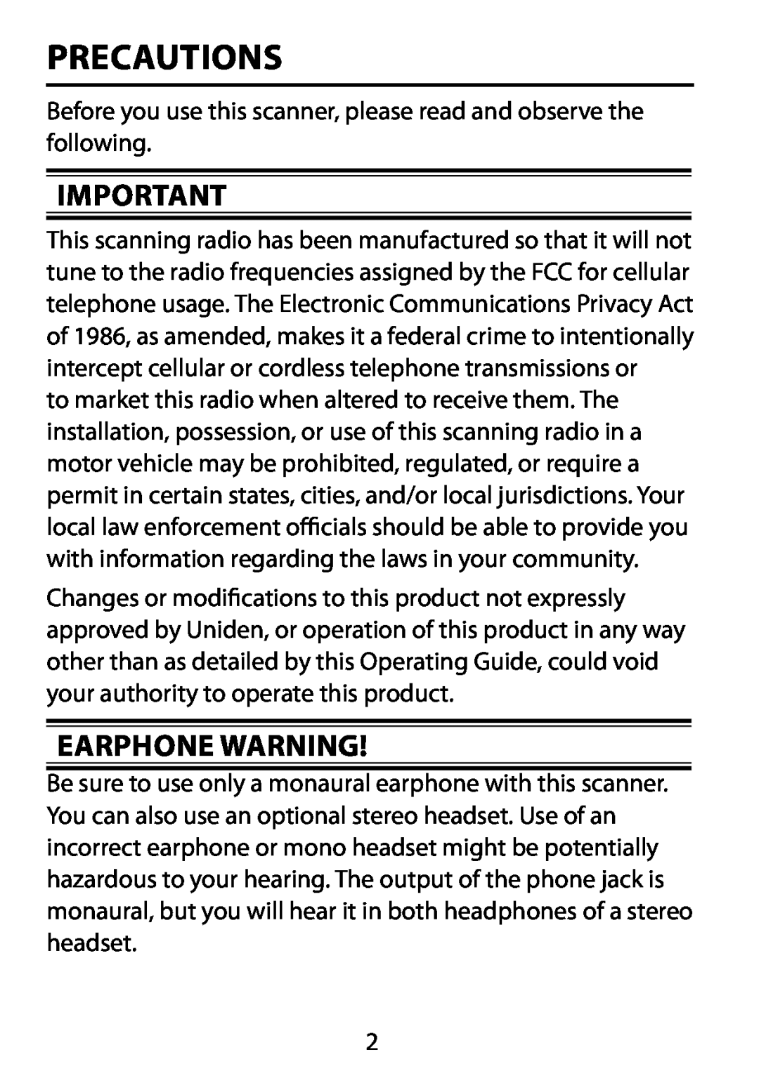 Uniden BC75XLT owner manual Precautions, Earphone Warning 