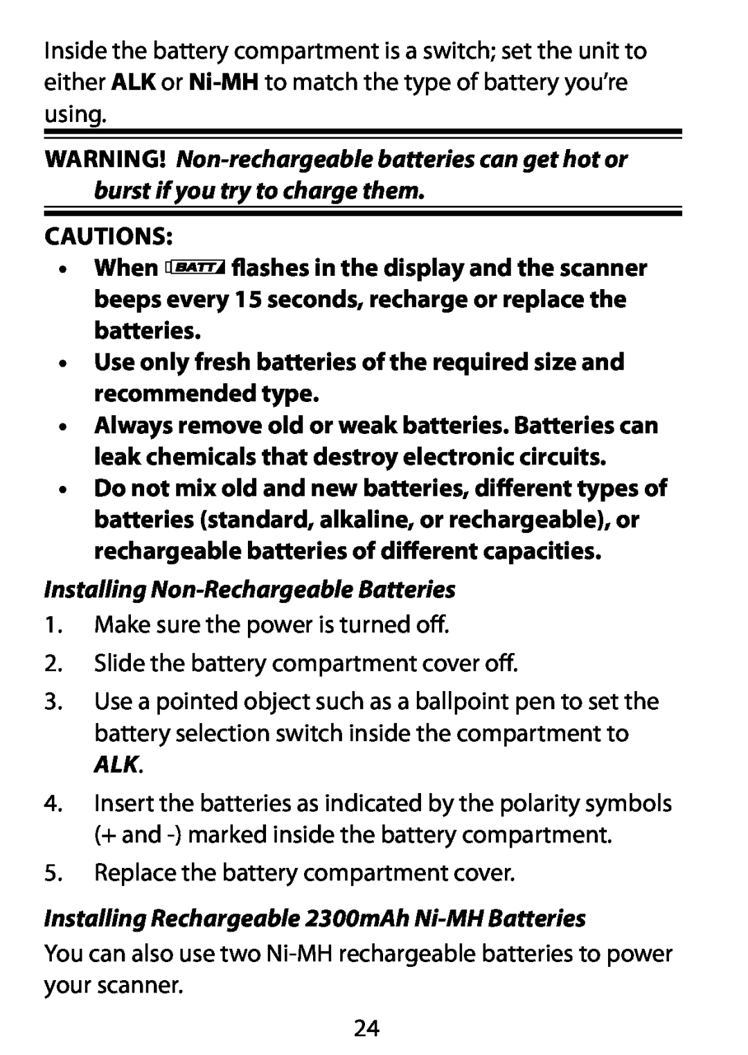 Uniden BC75XLT owner manual Installing Non-RechargeableBatteries, Installing Rechargeable 2300mAh Ni-MHBatteries, Cautions 