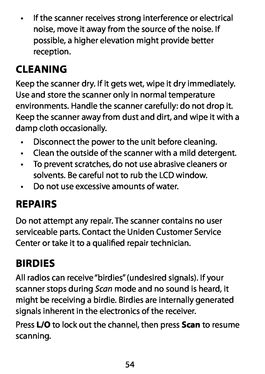 Uniden BC75XLT owner manual Cleaning, Repairs, Birdies 
