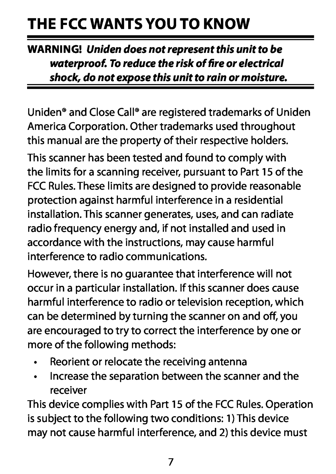 Uniden BC75XLT owner manual The FCC Wants You to Know 