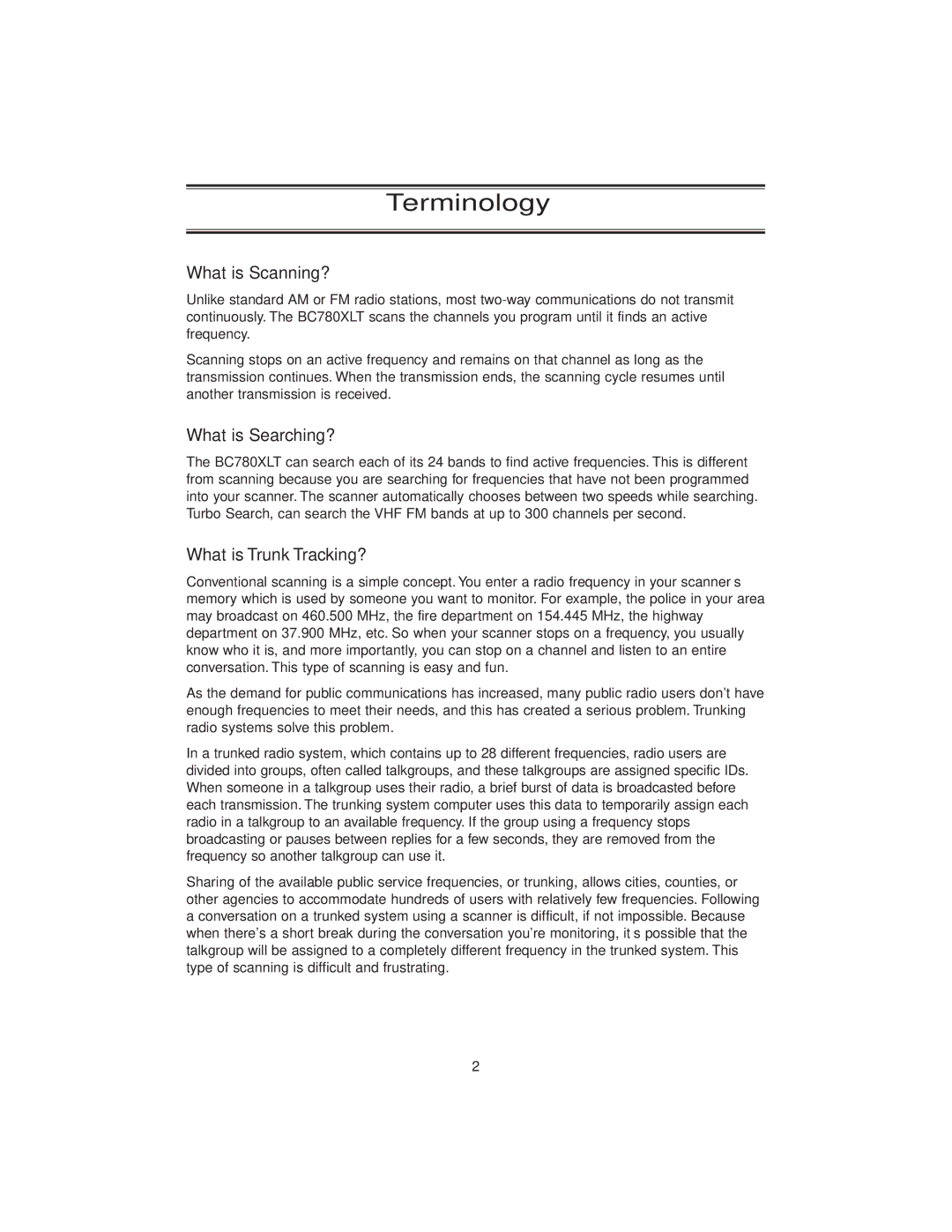 Uniden BC780XLT manual Terminology, What is Scanning?, What is Searching?, What is Trunk Tracking? 