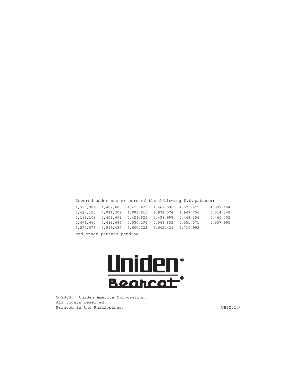 Uniden BC780XLT manual Covered under one or more of the following U.S. patents 