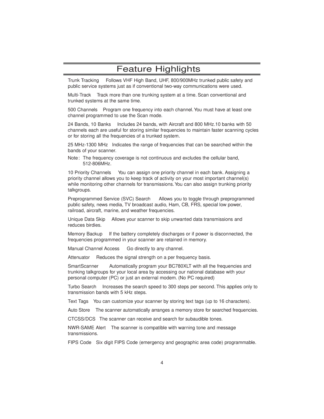 Uniden BC780XLT manual Feature Highlights 