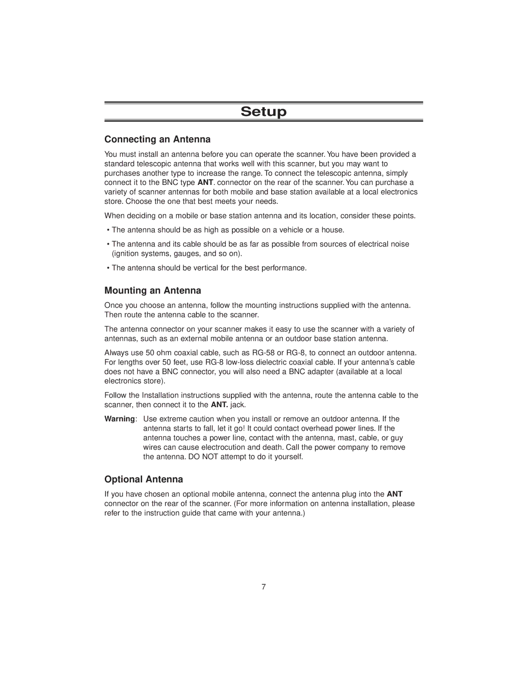 Uniden BC780XLT manual Setup, Connecting an Antenna, Mounting an Antenna, Optional Antenna 