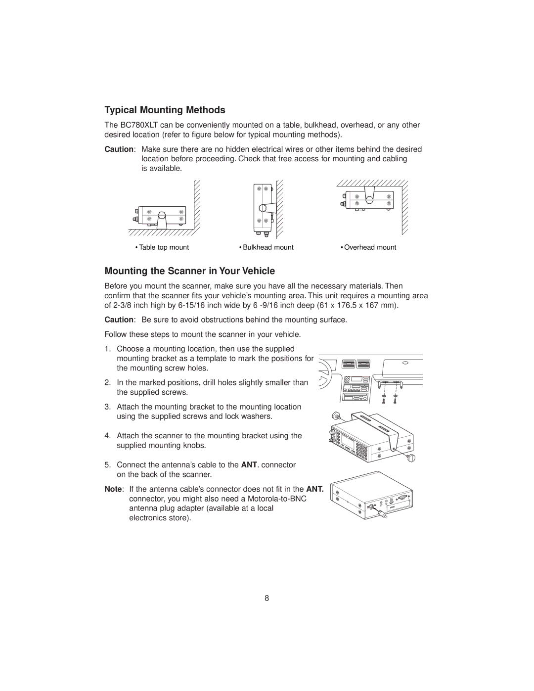 Uniden BC780XLT manual Typical Mounting Methods, Mounting the Scanner in Your Vehicle 