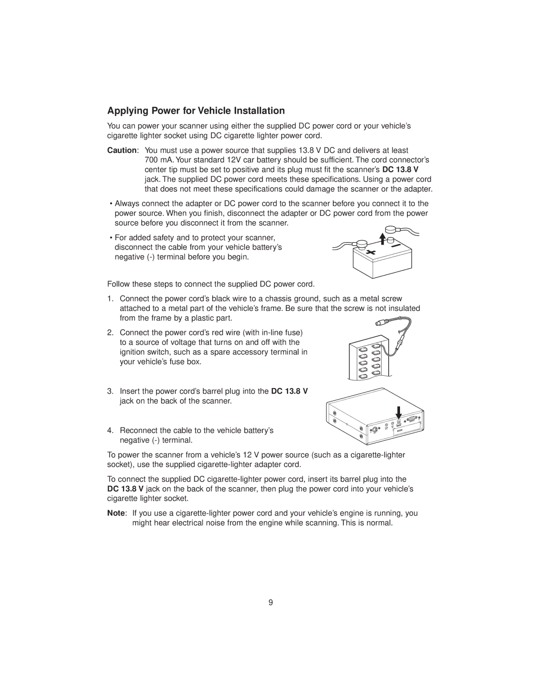 Uniden BC780XLT manual Applying Power for Vehicle Installation 