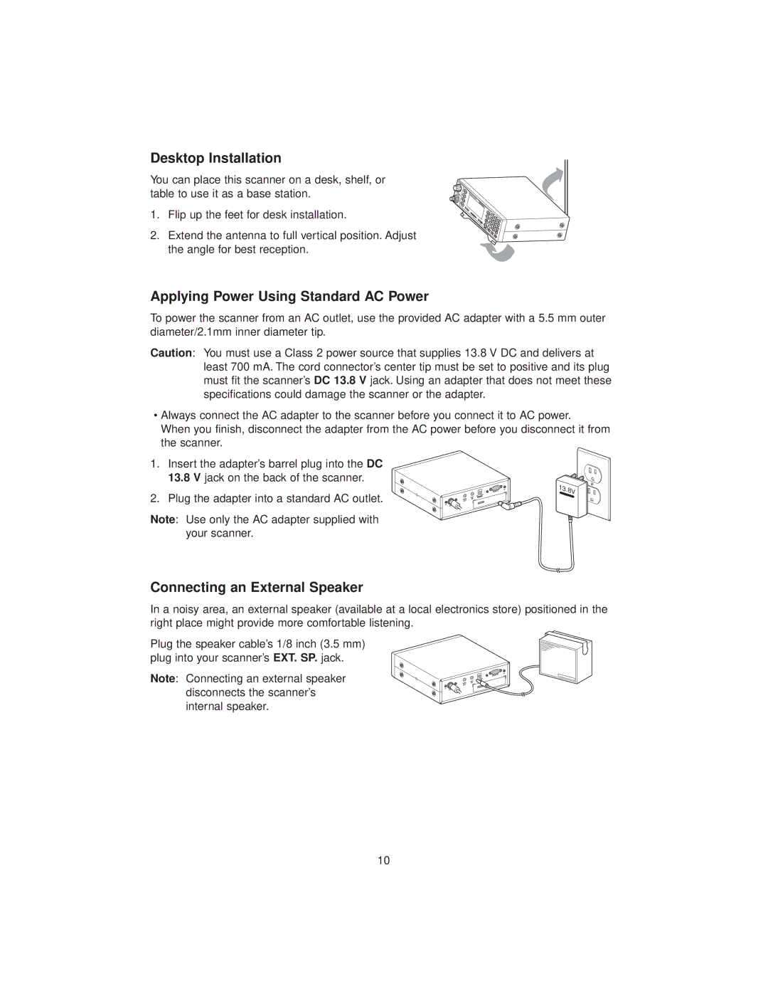 Uniden BC780XLT manual Desktop Installation, Applying Power Using Standard AC Power, Connecting an External Speaker 