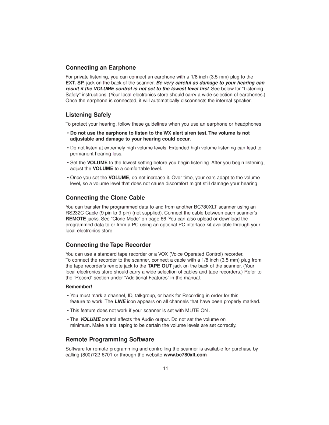 Uniden BC780XLT manual Connecting an Earphone, Listening Safely, Connecting the Clone Cable, Connecting the Tape Recorder 