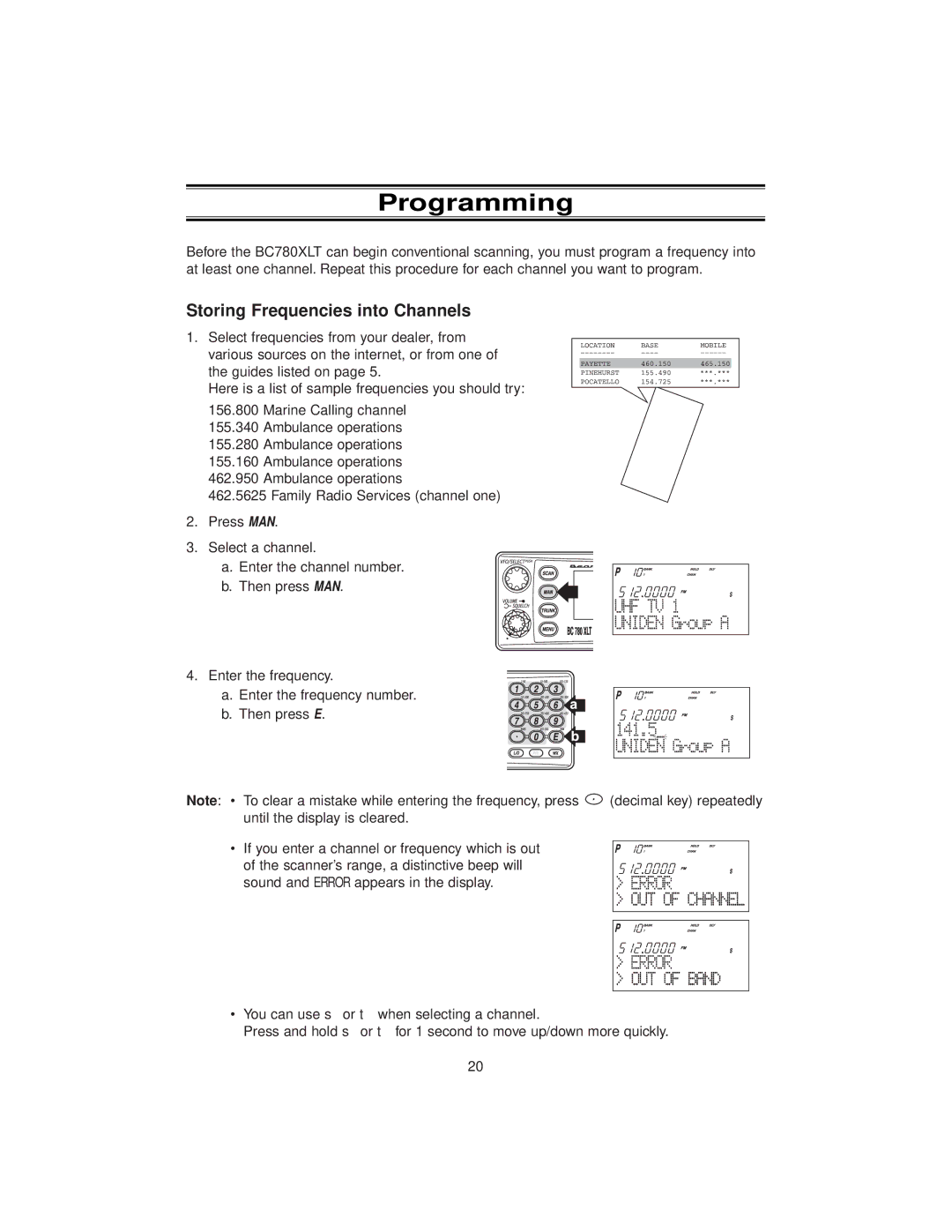 Uniden BC780XLT manual Programming, Storing Frequencies into Channels 