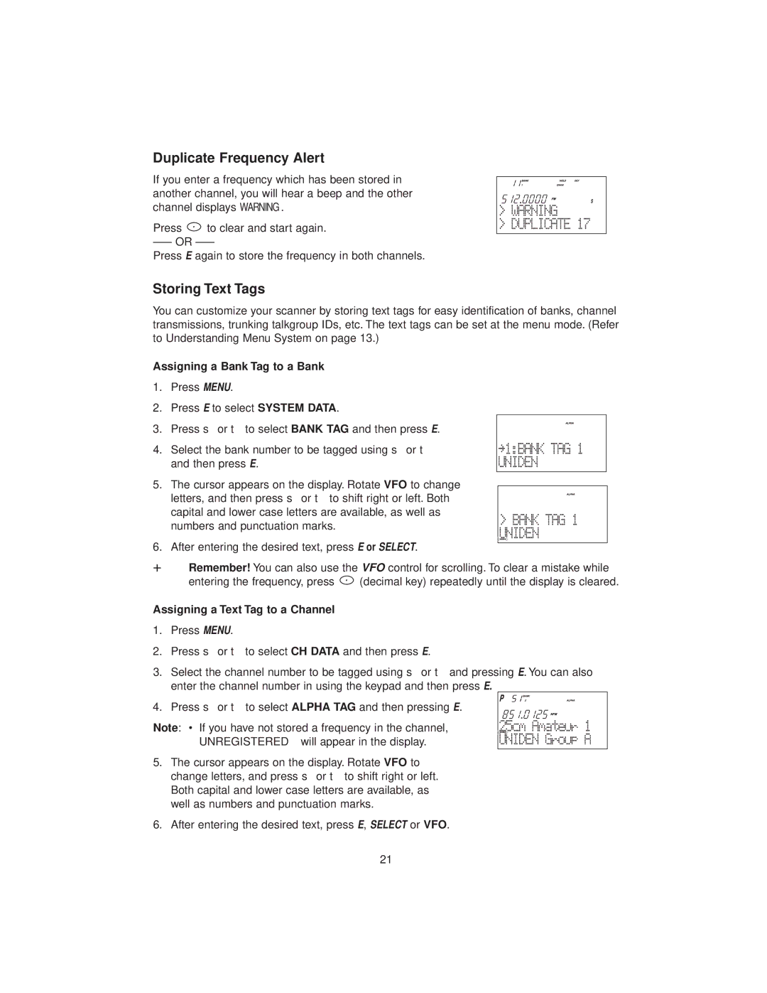 Uniden BC780XLT manual Duplicate Frequency Alert, Storing Text Tags, Assigning a Bank Tag to a Bank 