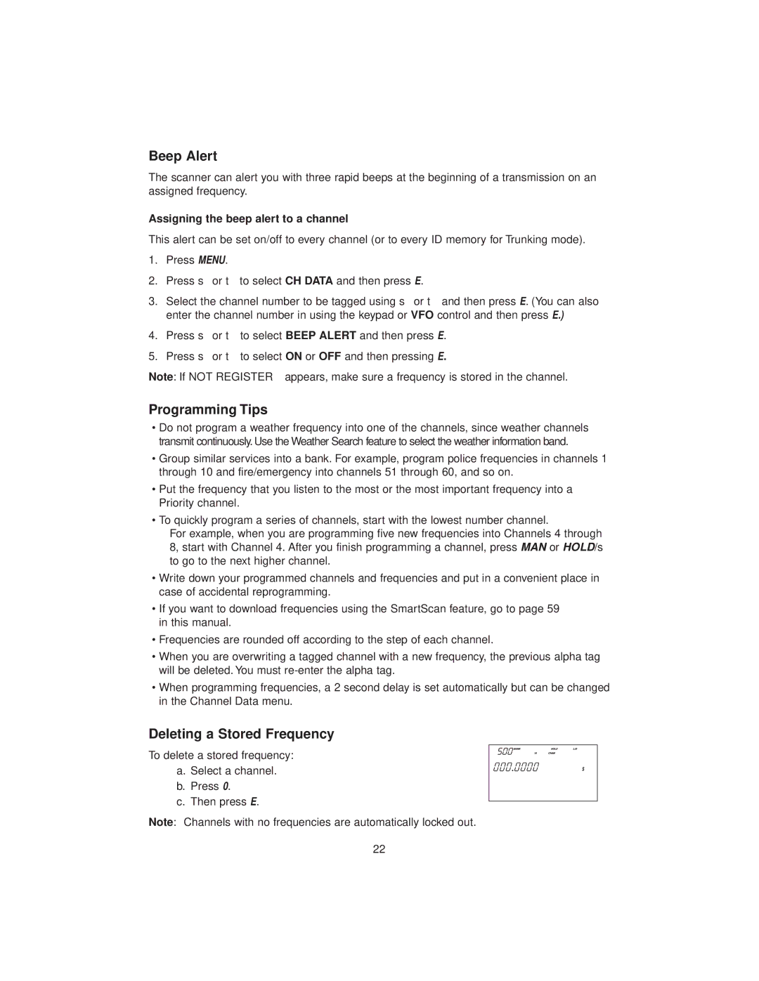 Uniden BC780XLT manual Beep Alert, Programming Tips, Deleting a Stored Frequency, Assigning the beep alert to a channel 