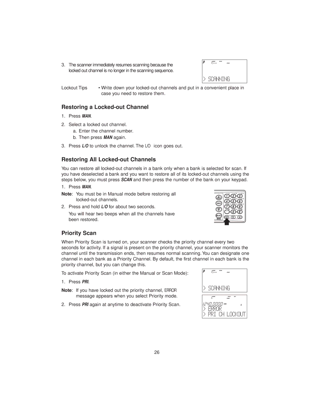 Uniden BC780XLT manual Restoring a Locked-out Channel, Restoring All Locked-out Channels, Priority Scan 