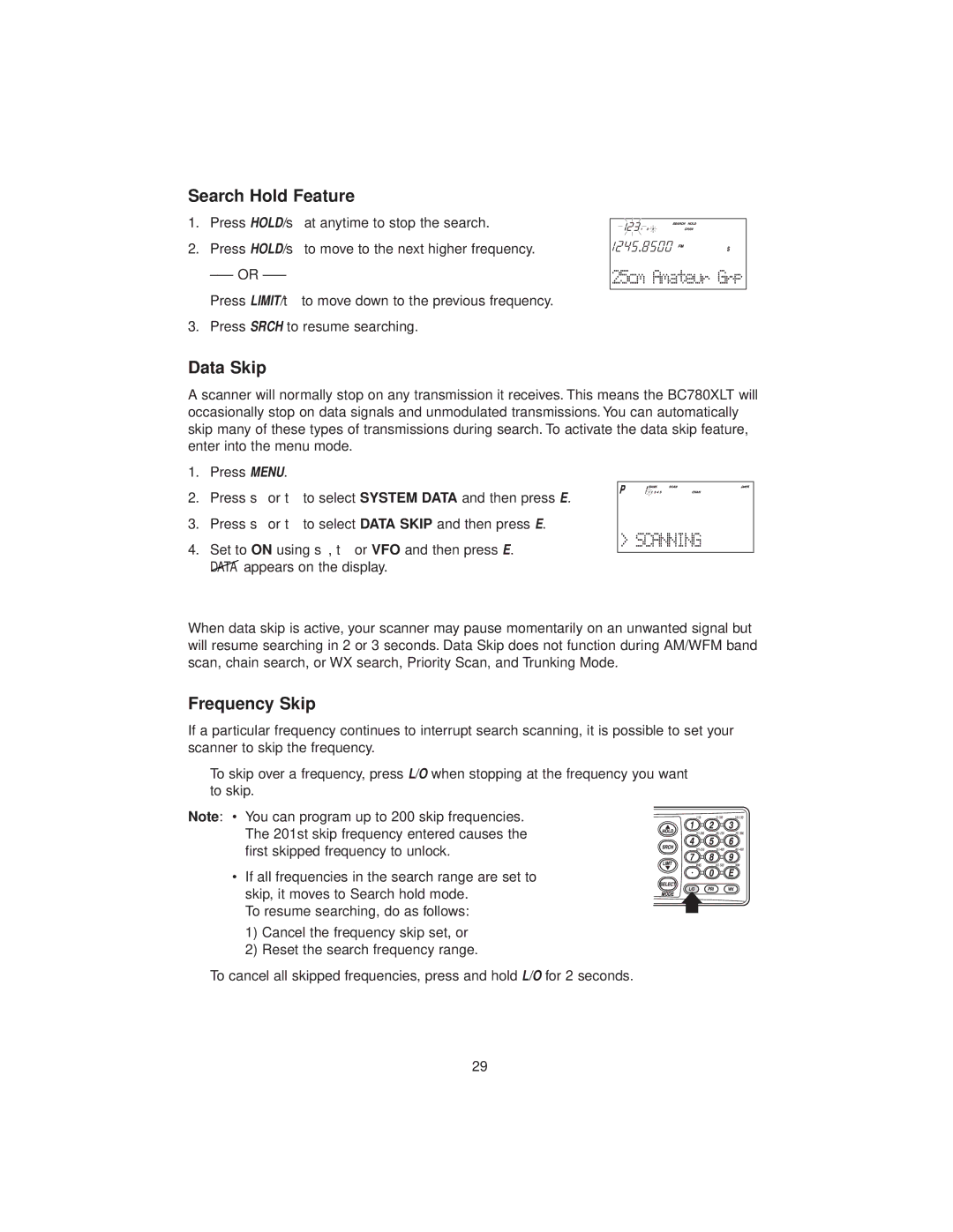 Uniden BC780XLT manual Search Hold Feature, Data Skip, Frequency Skip 