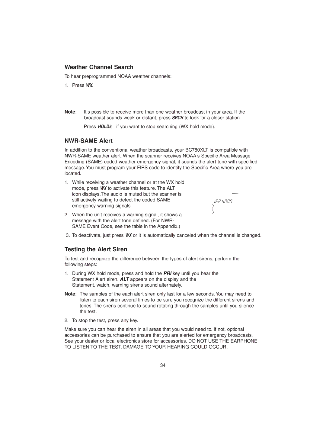 Uniden BC780XLT manual Weather Channel Search, NWR-SAME Alert, Testing the Alert Siren 