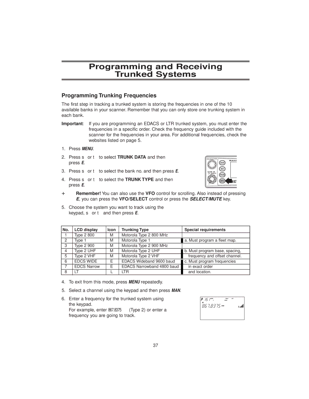 Uniden BC780XLT manual Programming and Receiving Trunked Systems, Programming Trunking Frequencies 