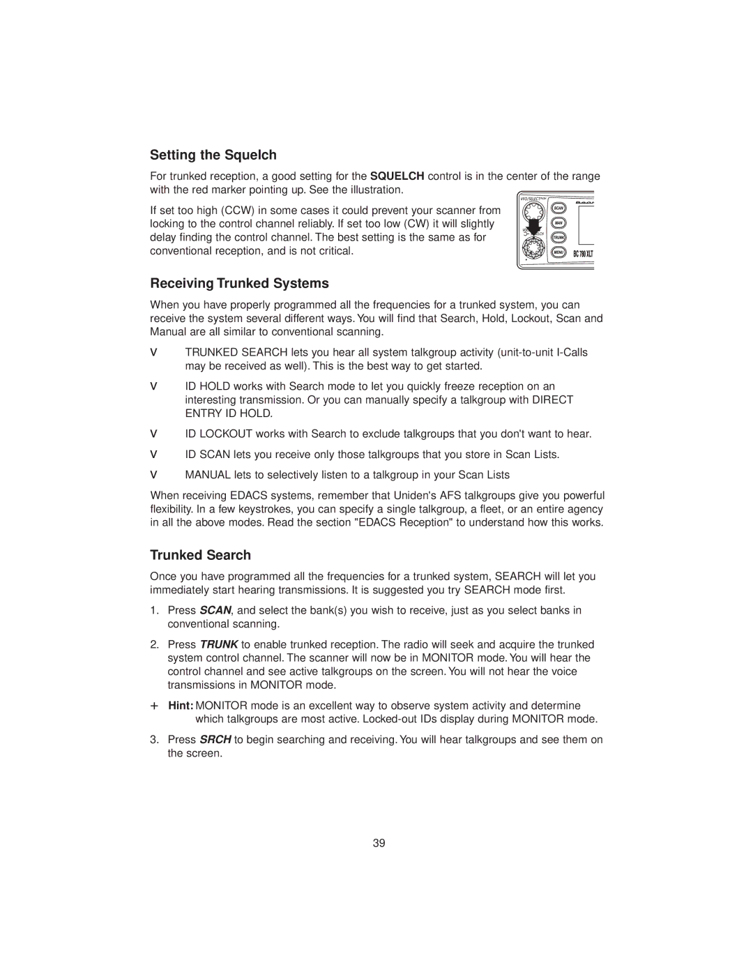 Uniden BC780XLT manual Receiving Trunked Systems, Trunked Search 