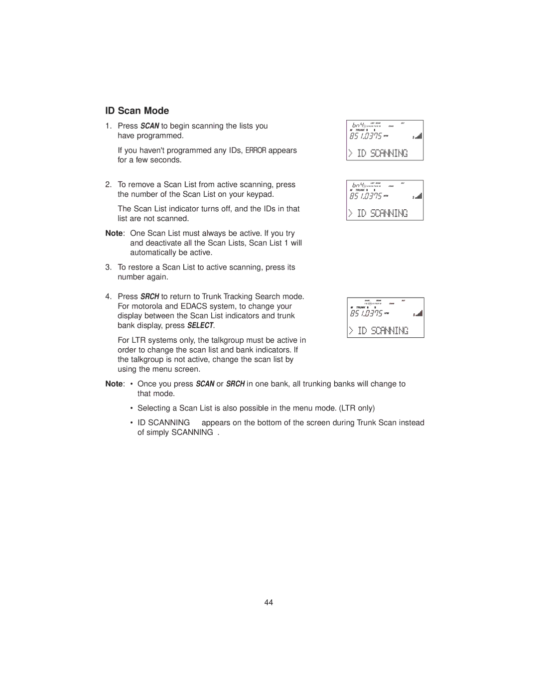 Uniden BC780XLT manual ID Scan Mode 