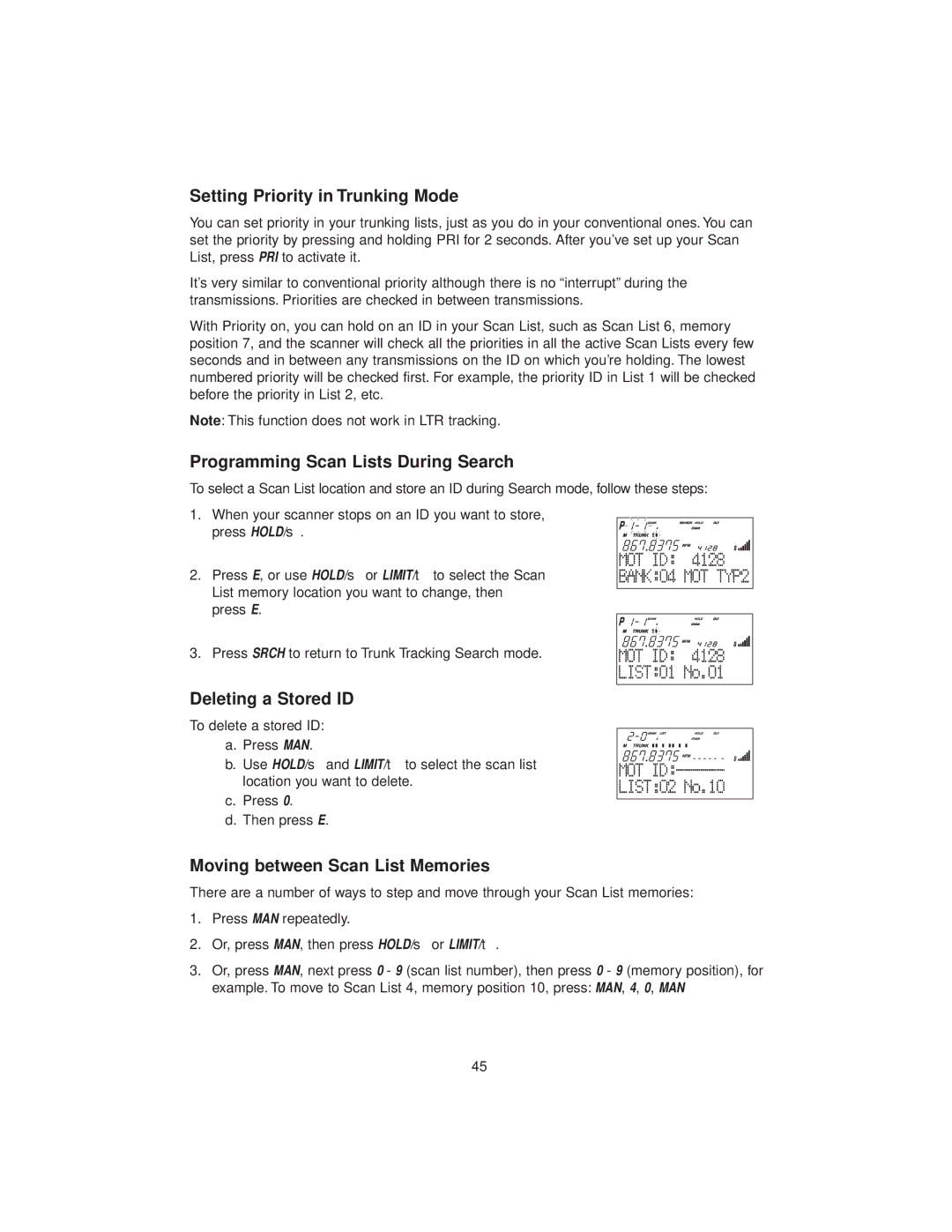 Uniden BC780XLT manual Setting Priority in Trunking Mode, Programming Scan Lists During Search, Deleting a Stored ID 