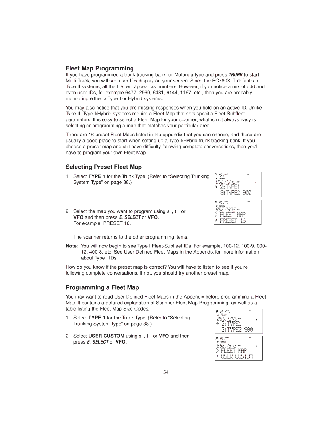 Uniden BC780XLT manual Fleet Map Programming, Selecting Preset Fleet Map, Programming a Fleet Map 