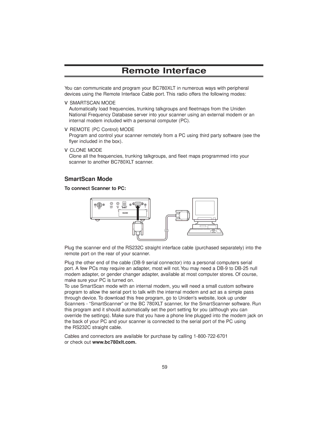 Uniden BC780XLT manual Remote Interface, SmartScan Mode, To connect Scanner to PC 