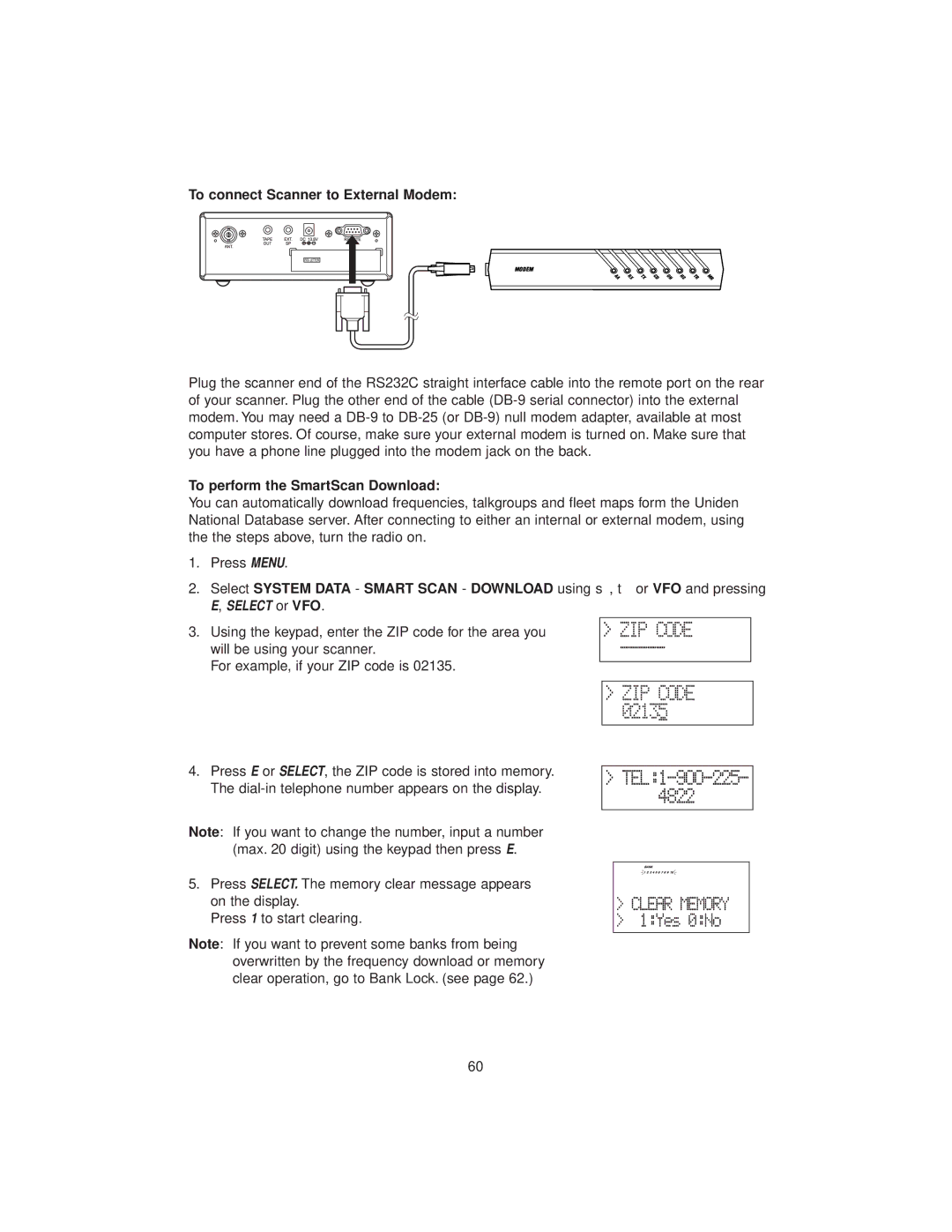 Uniden BC780XLT manual To connect Scanner to External Modem, To perform the SmartScan Download 