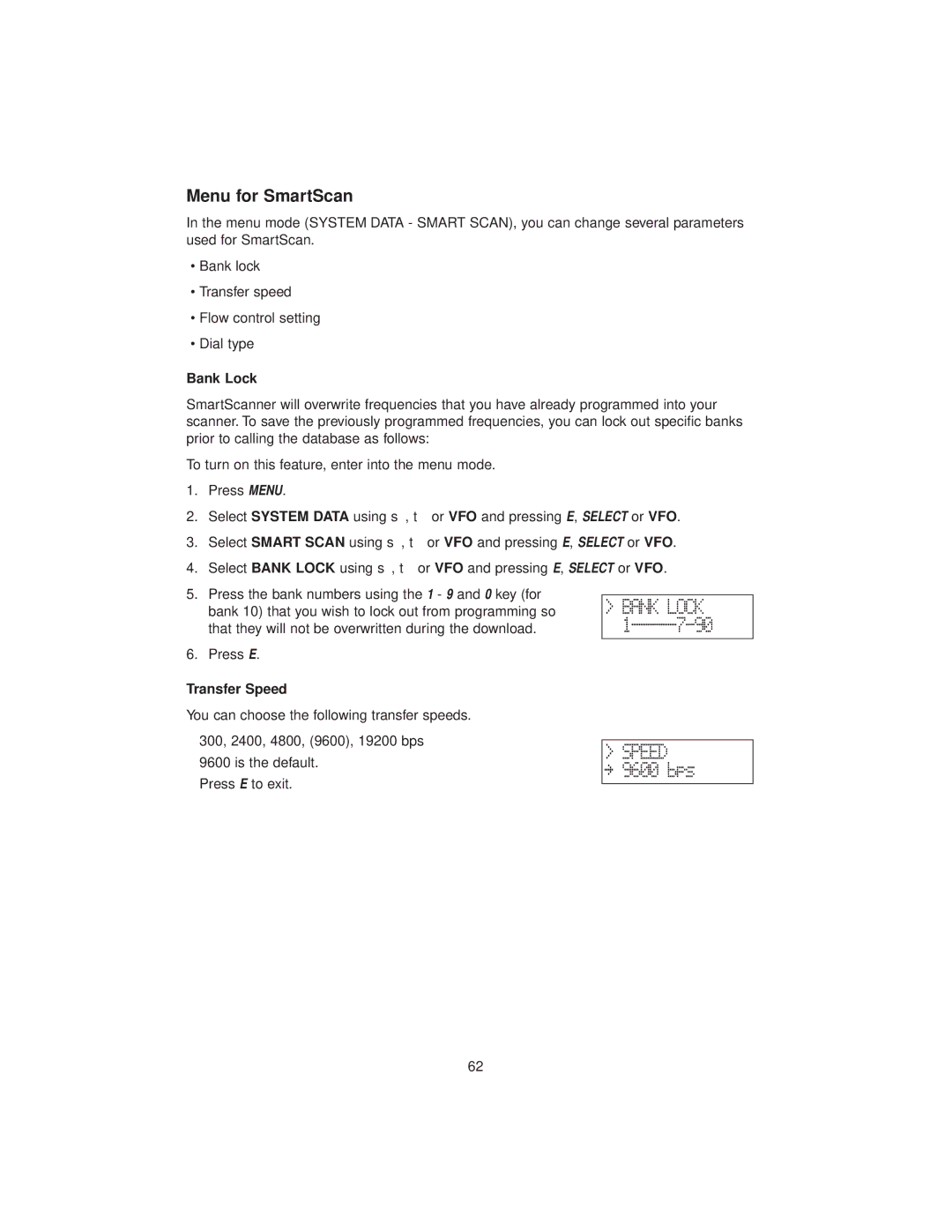 Uniden BC780XLT manual Menu for SmartScan, Bank Lock, Transfer Speed 