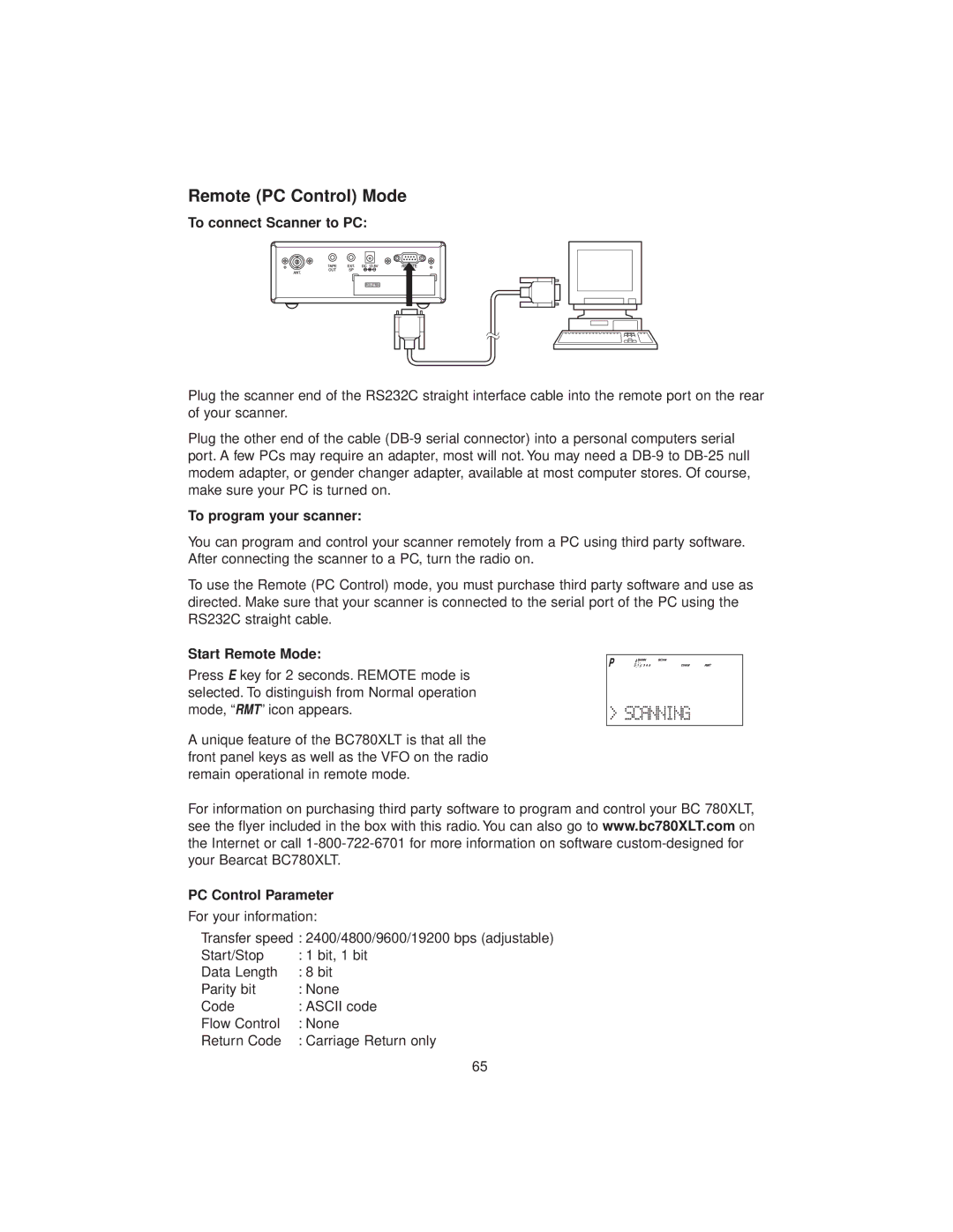 Uniden BC780XLT manual Remote PC Control Mode, To program your scanner, Start Remote Mode, PC Control Parameter 