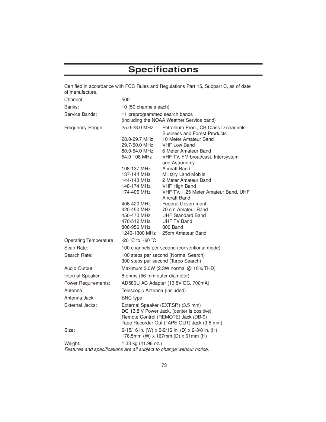 Uniden BC780XLT manual Specifications 