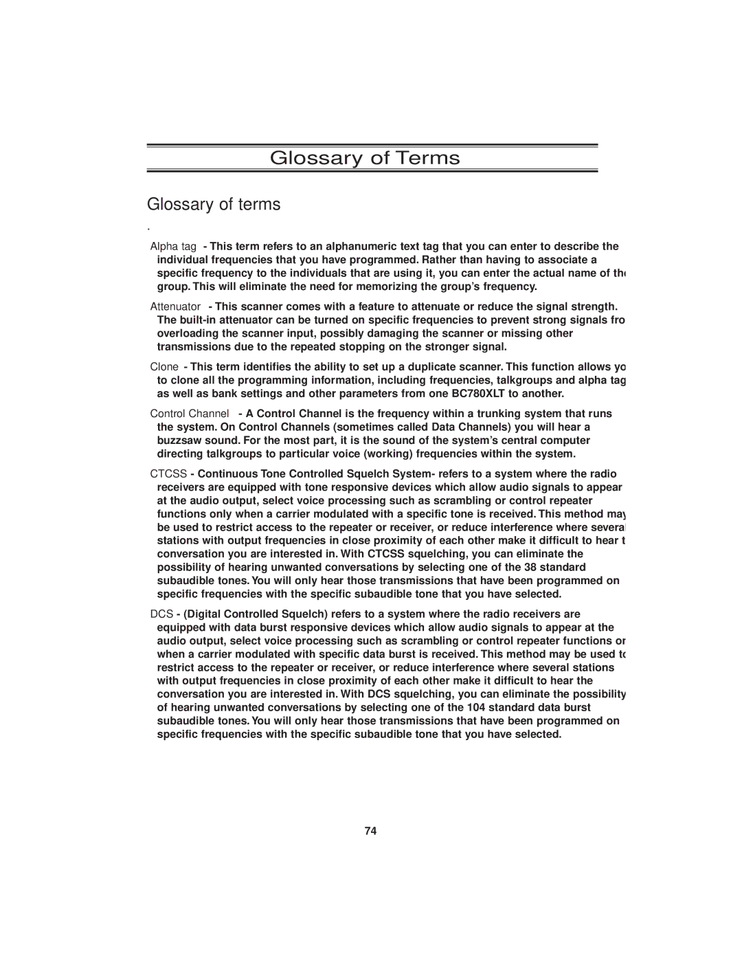 Uniden BC780XLT manual Glossary of Terms, Glossary of terms 