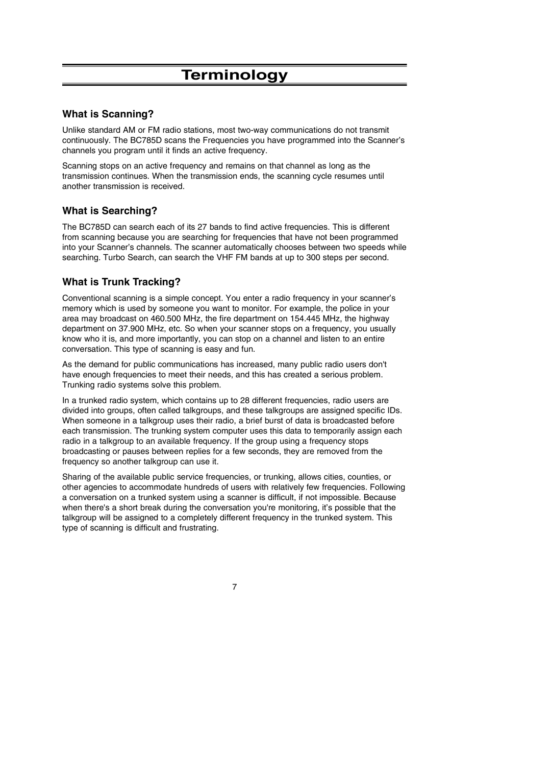 Uniden BC785D manual Terminology, What is Scanning?, What is Searching?, What is Trunk Tracking? 