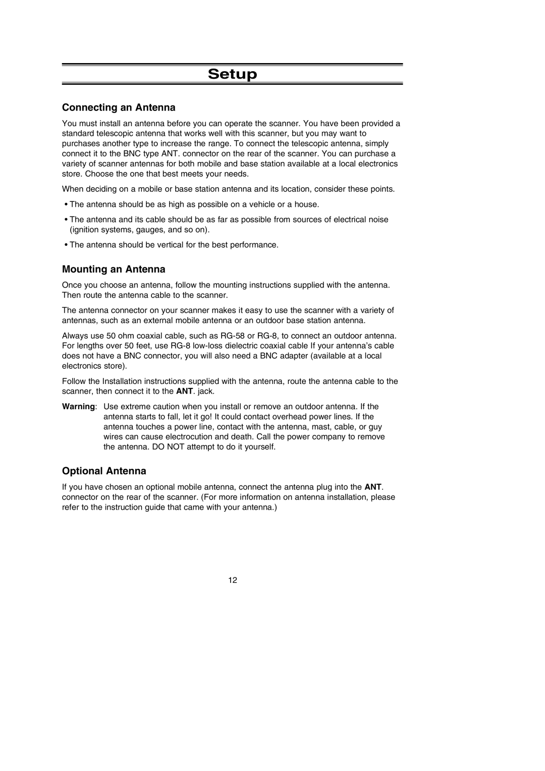 Uniden BC785D manual Setup, Connecting an Antenna, Mounting an Antenna, Optional Antenna 